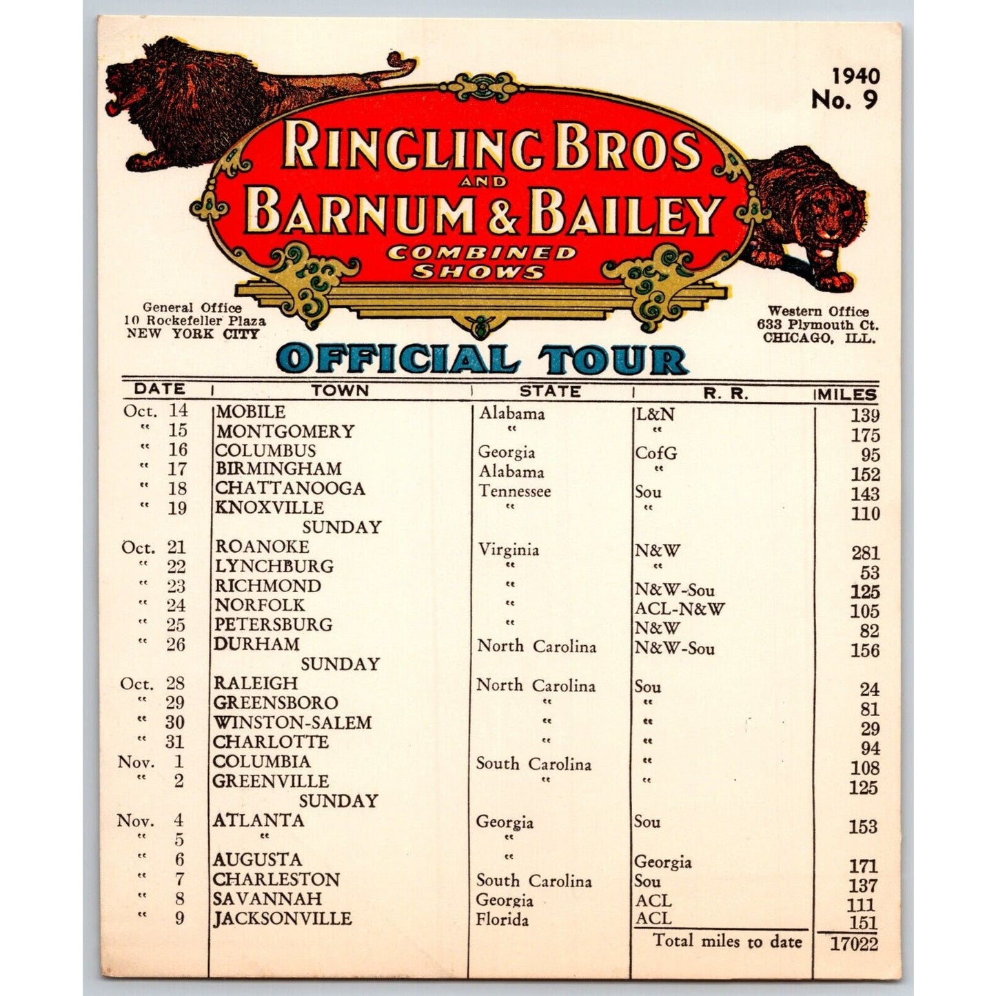 1940 Ringling Bros Barnum & Bailey Circus Route Card Knoxville Roanoke Norfolk
