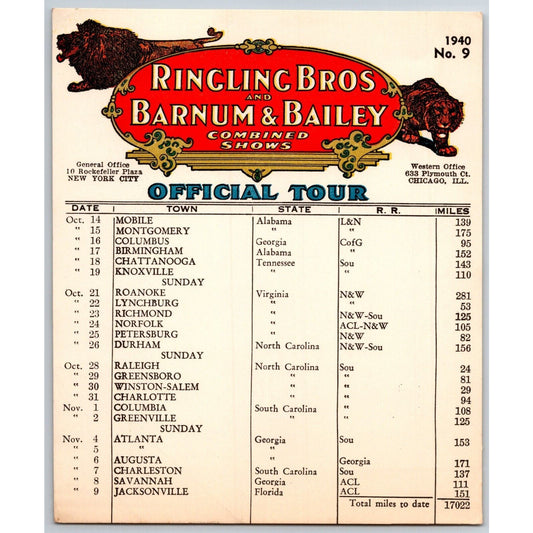 1940 Ringling Bros Barnum & Bailey Circus Route Card Knoxville Roanoke Norfolk