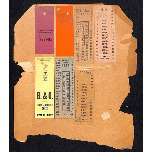 7 Assorted Railroad Hat / Seat Checks Mostly 1903-1910 Affixed to Paper