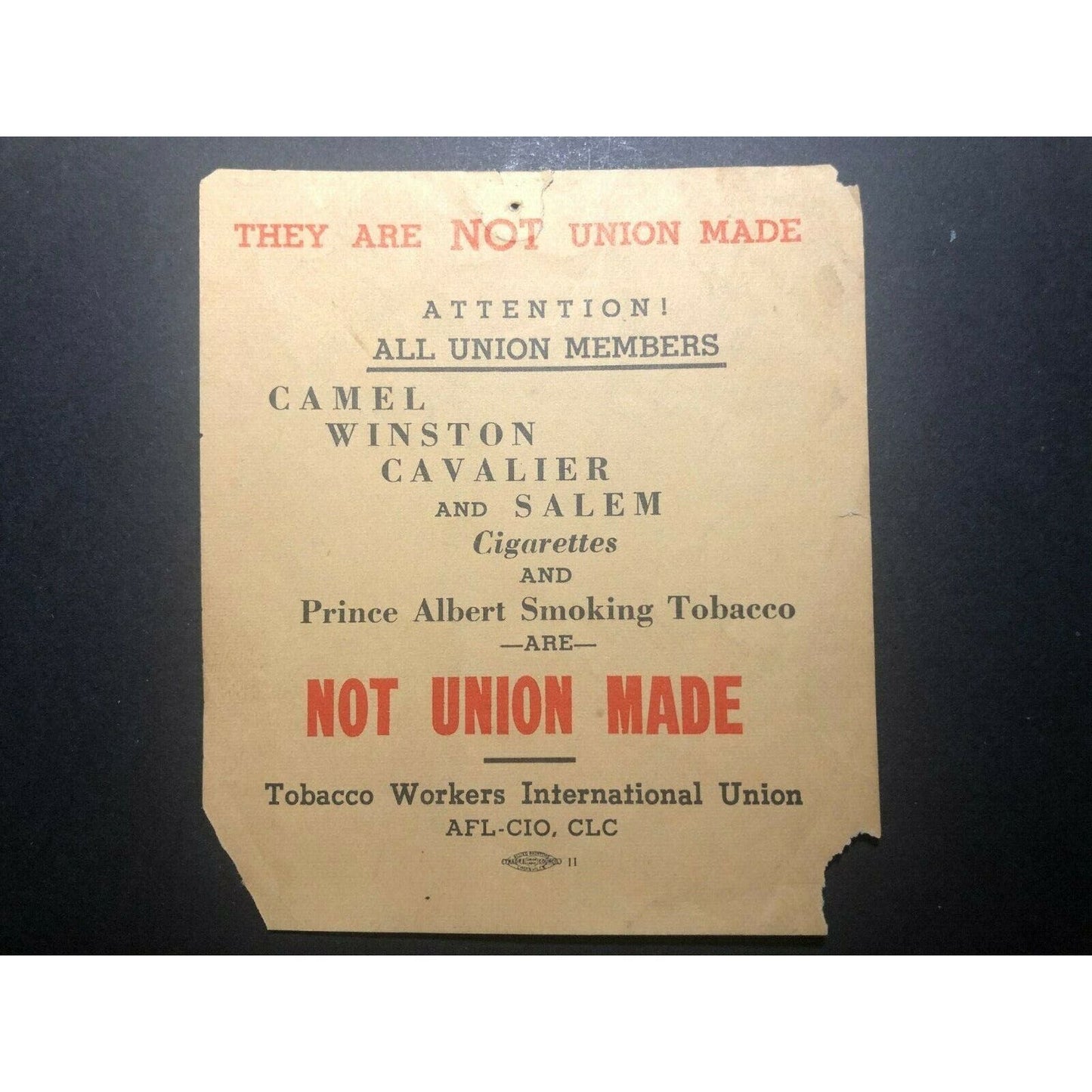 c1962-64 AFL-CIO Tobacco Workers Union Handout w/Back Seat Lic. "Not Union Made"