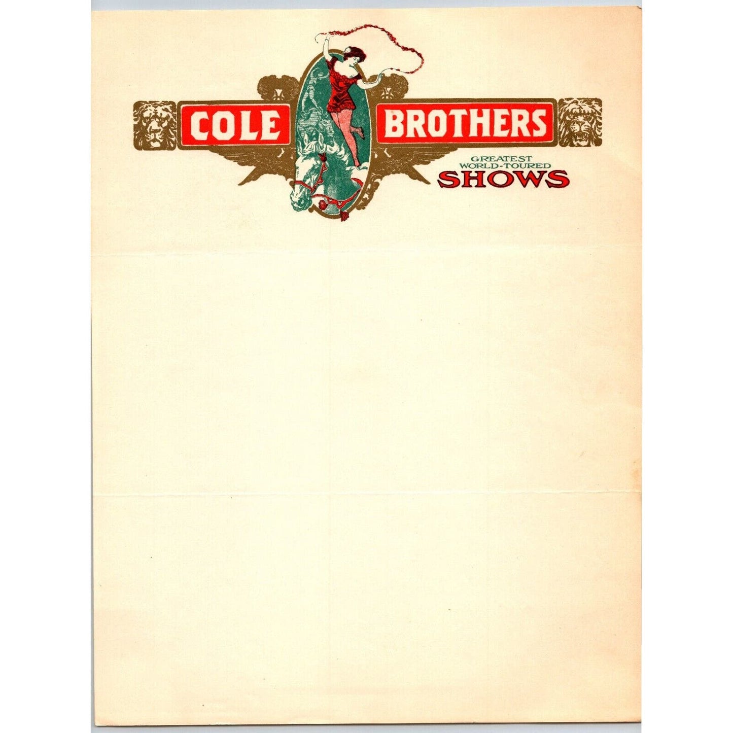 Cole Brothers Greatest World-Toured Shows Circus Letterhead c1929 Scarce