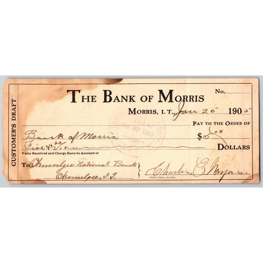 Morris, OK Indian Territory 1905 "The Bank of Morris" Scarce