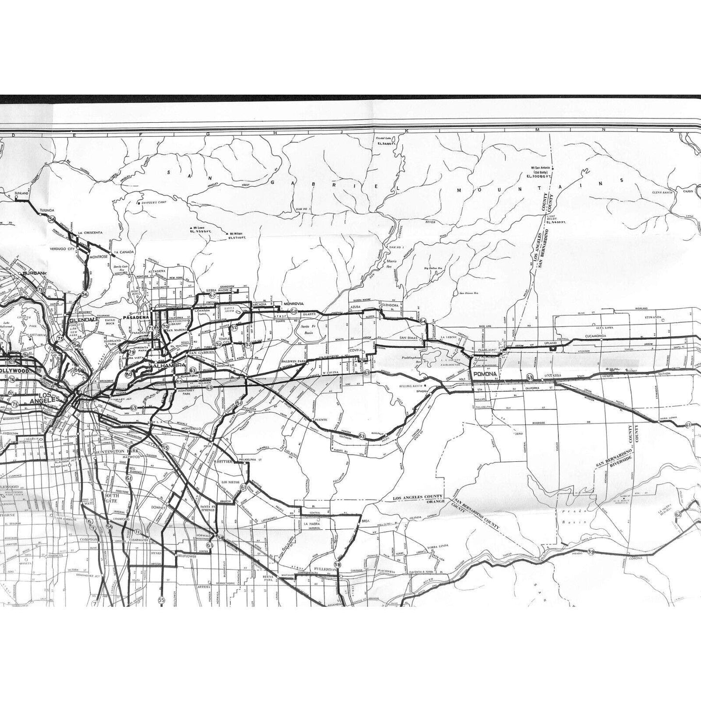 1954 Metropolitan Coach Lines Los Angeles Guide Map 21 1/2" x 33 1/2" VGC
