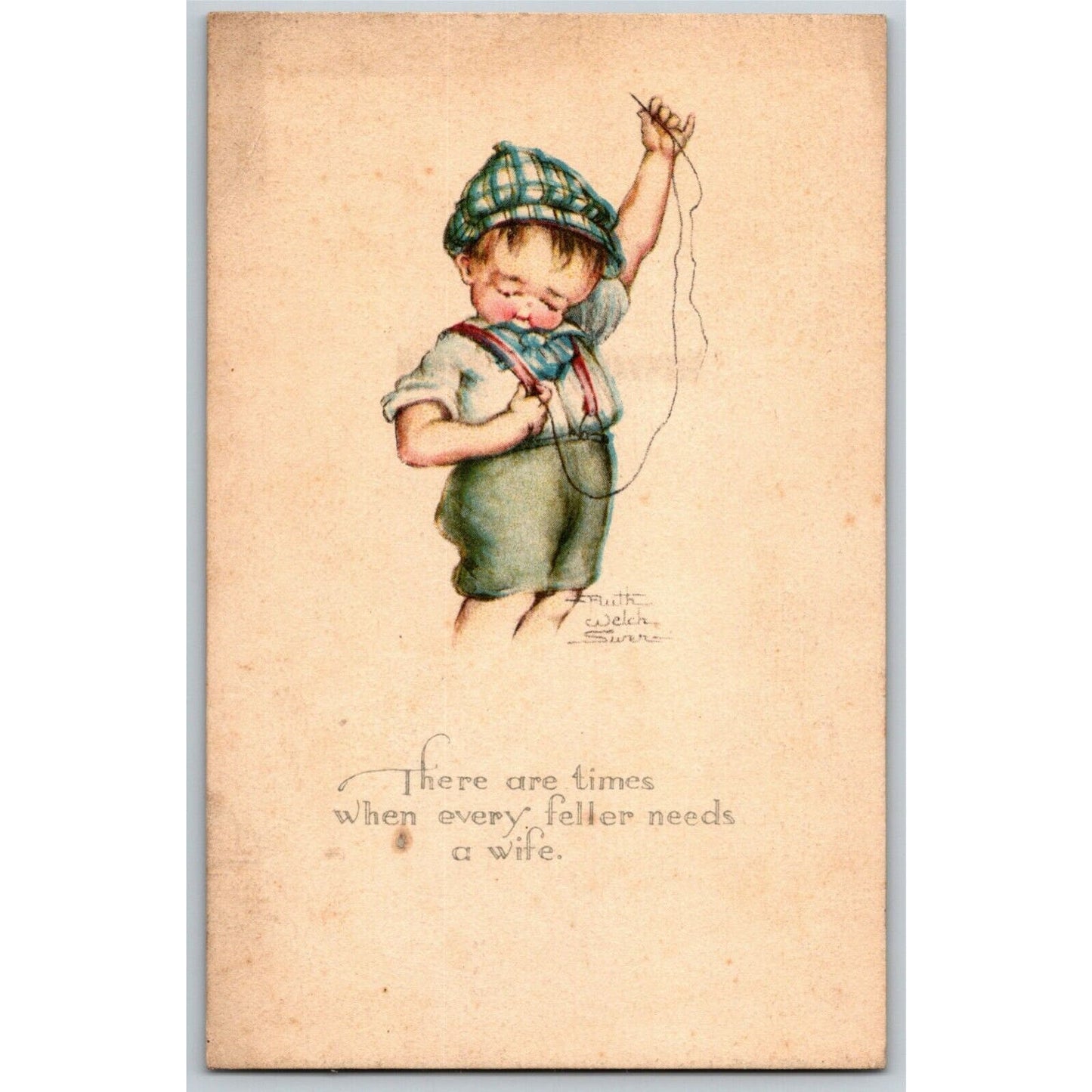Vintage Postcard c1915 Young Boy Sewing "..When Every Feller Needs a Wife"