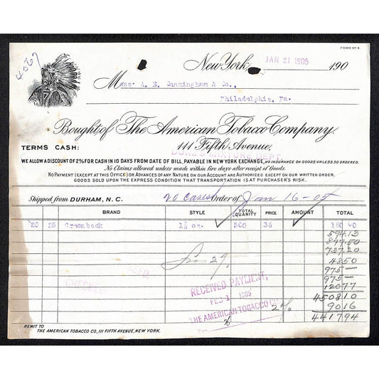 American Tobacco Co. 5th Ave NYC - Cunningham Co 1905 Billhead w/ Indian Chief
