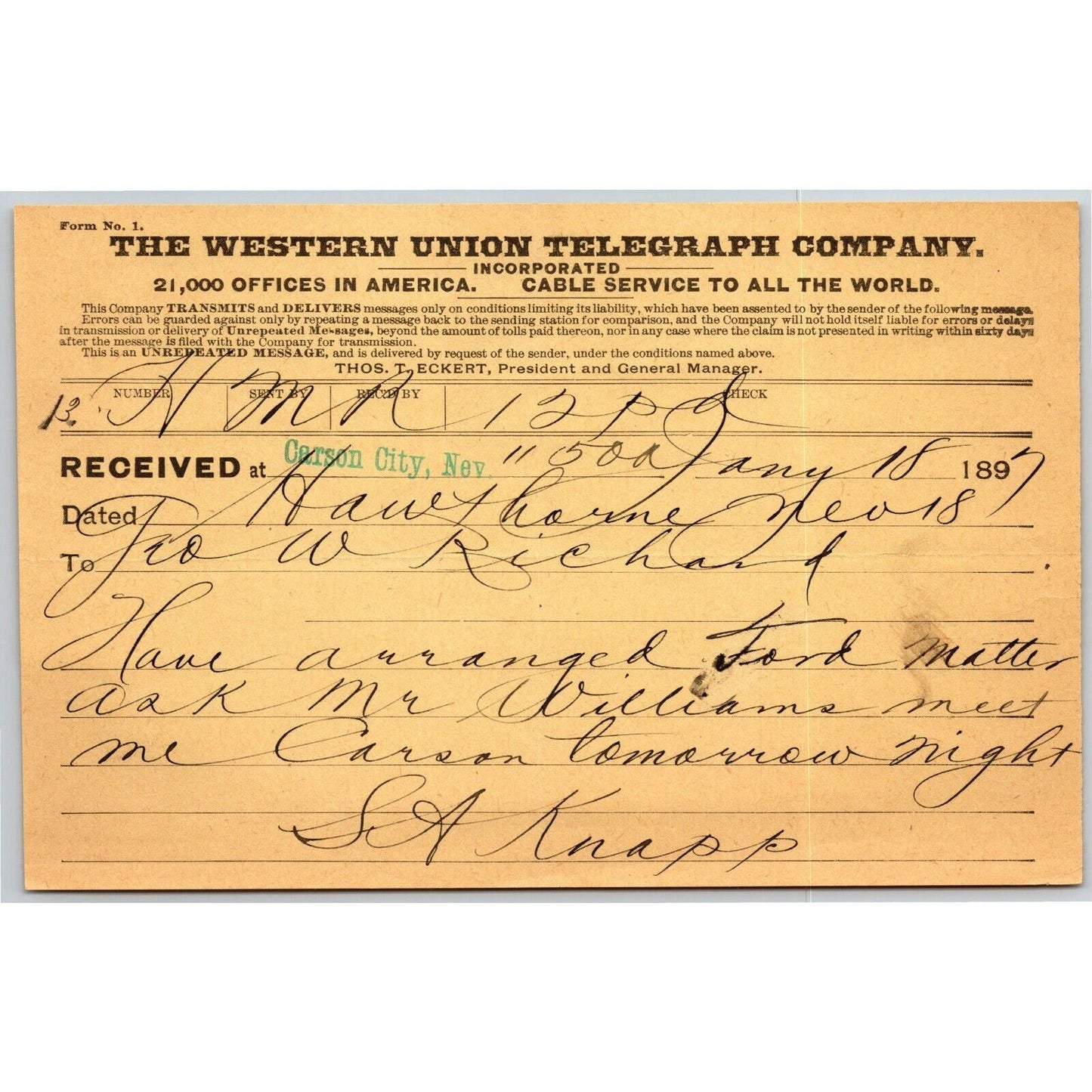 Scarce Vintage 1897 Western Union Telegraph "Have Arraigned Ford Matter.."