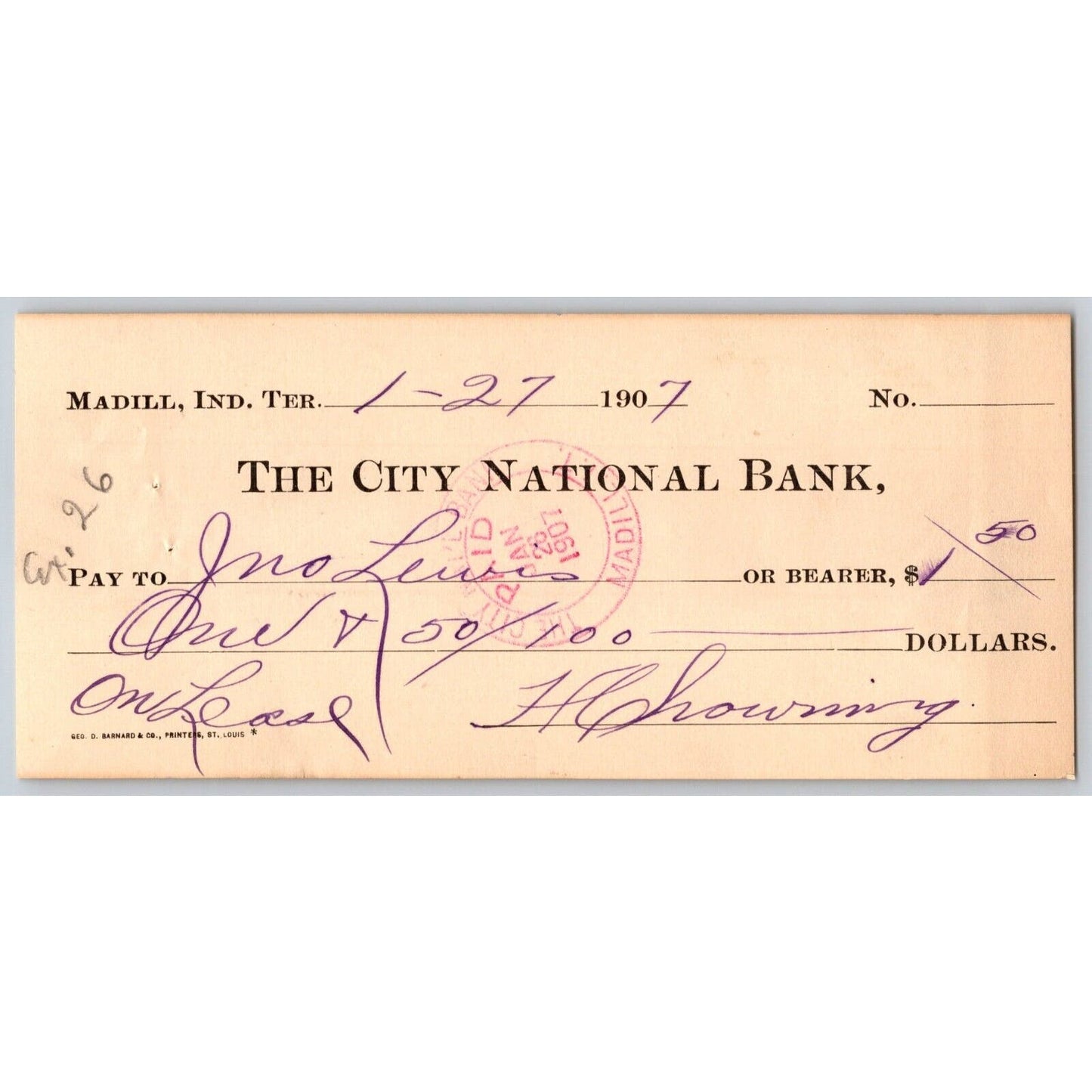 Madill, OK 1907 Indian Territory FNB $1.05 Bank Check Scarce