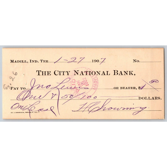 Madill, OK 1907 Indian Territory FNB $1.05 Bank Check Scarce