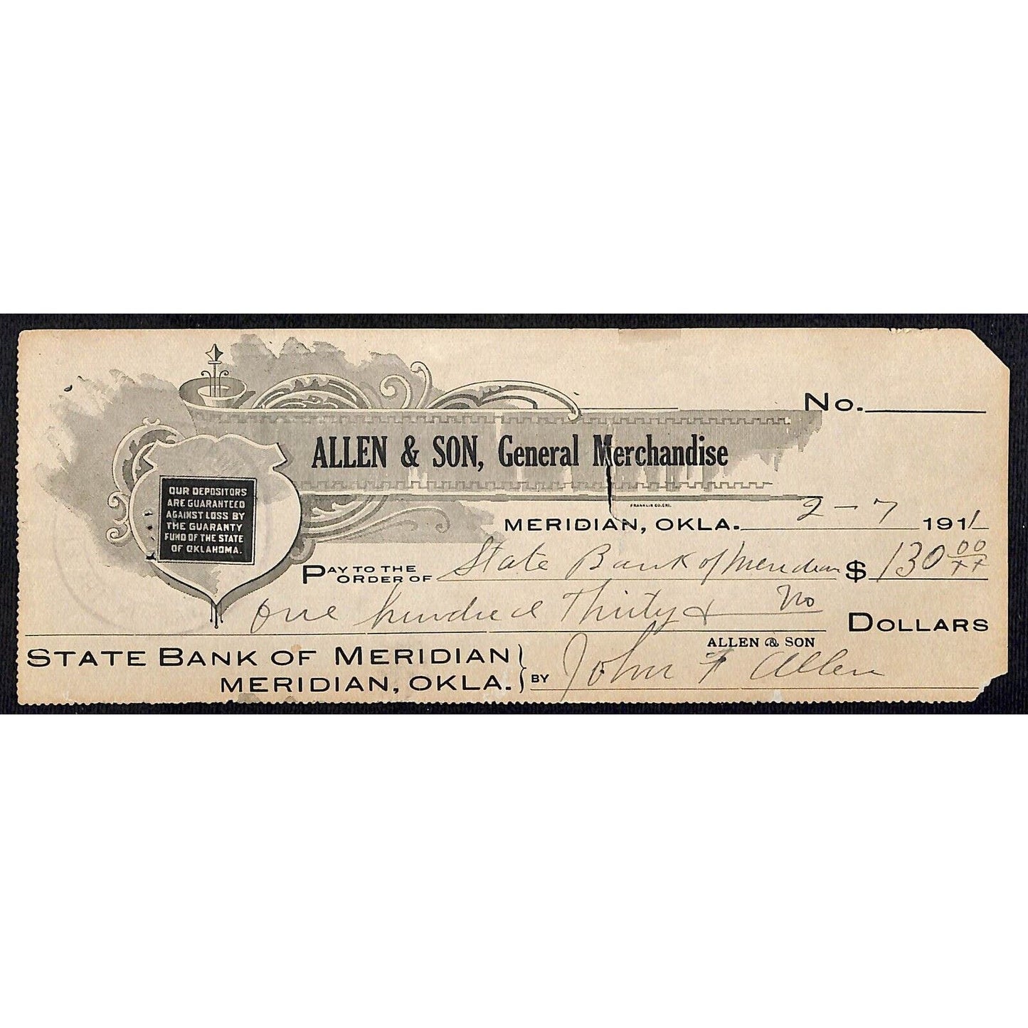 Meridian, OK 1911 Allen & Son General Merchandise Bank Check - Scarce