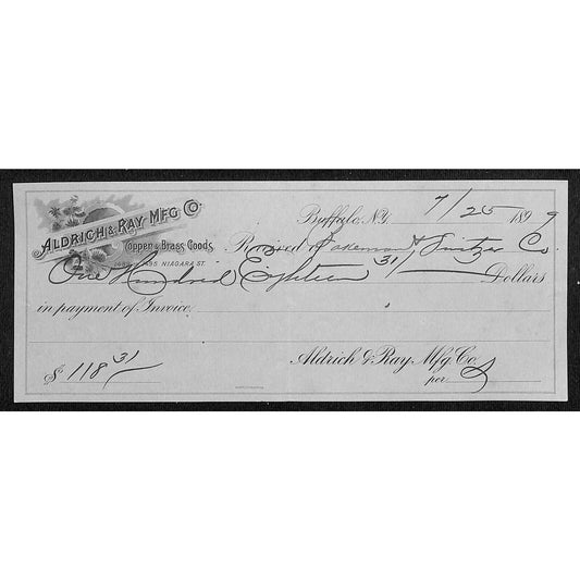 Buffalo, NY Aldrich & Ray Mfg. Co. Copper & Brass Goods 1899 Bank Check Scarce