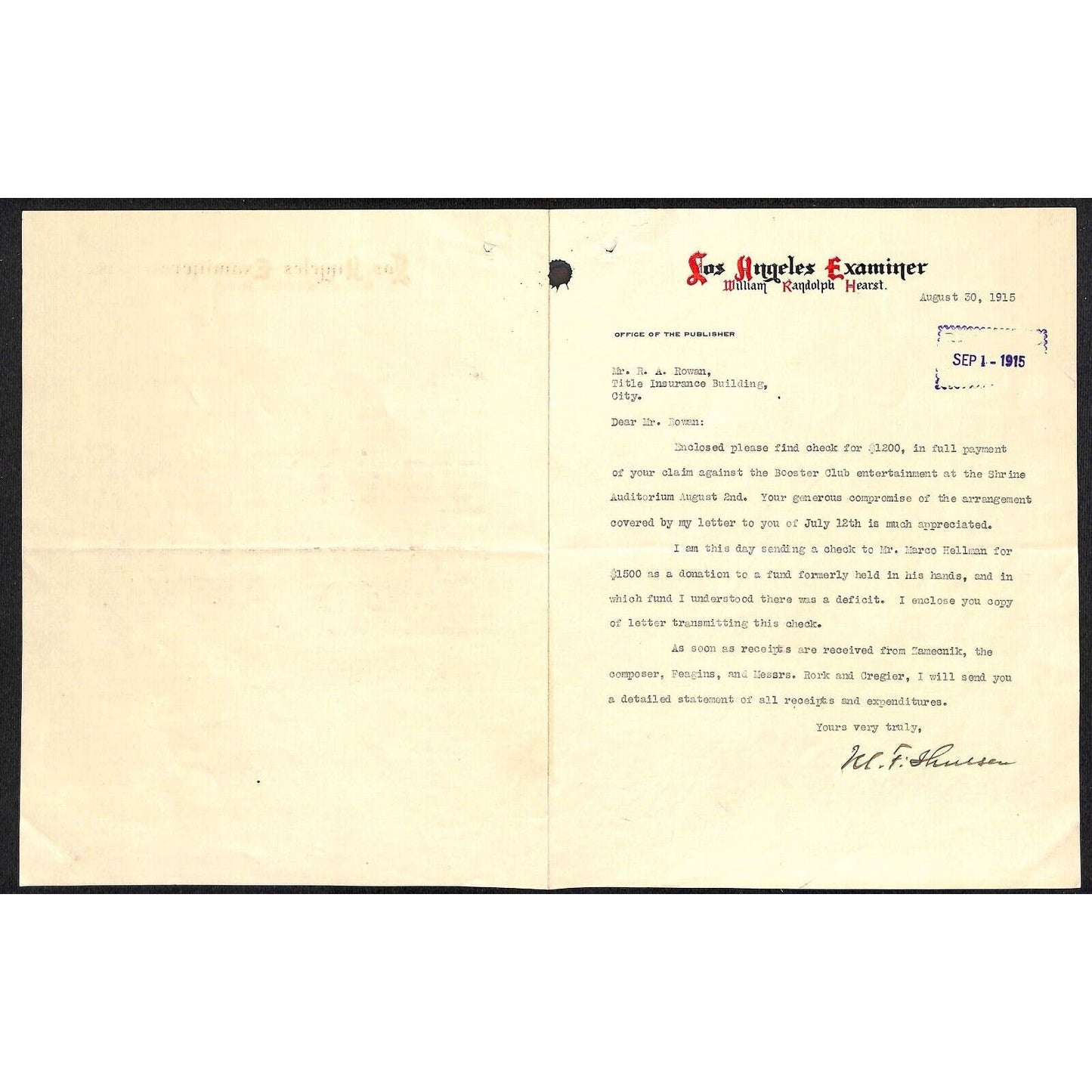 Los Angeles Examiner William Randolph Heart Letterhead R.A. Rowan re: Payment