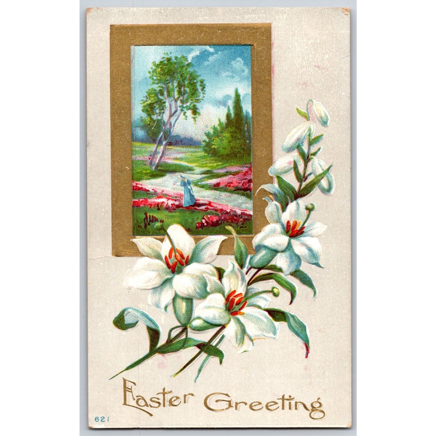 Vintage Easter Postcard "Easter Greeting" Floral Gold Frame w/ Landscape Emb.