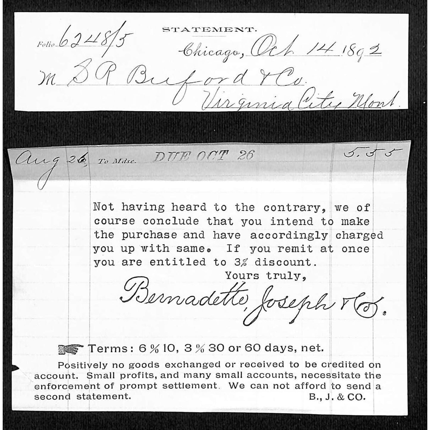 Chicago Bernadette Joseph & Co. (Jewelry) 1892 S.R. Buford Statement - Billhead