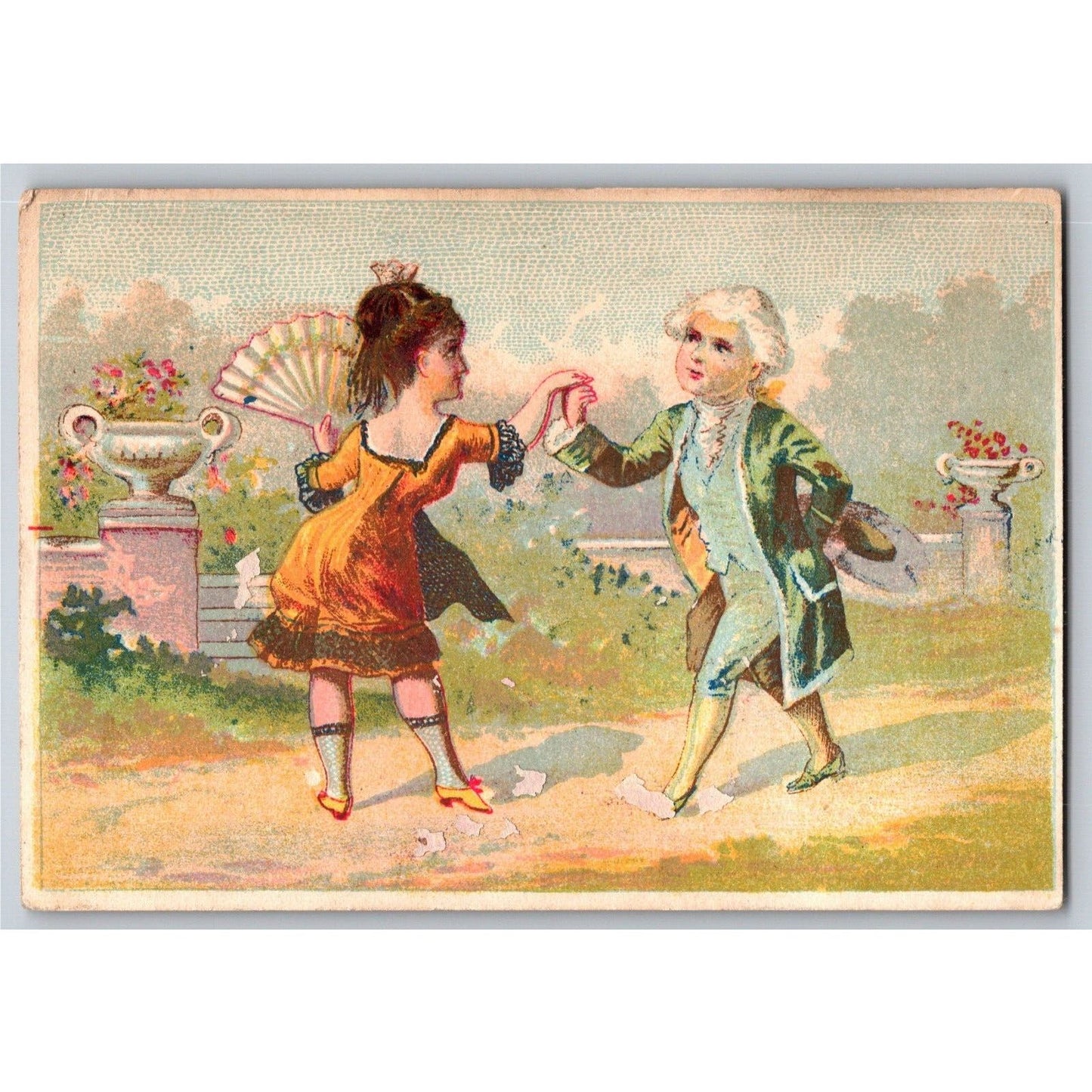 Diefenderfer's Victorian Trade Card Couple in Fancy Dress Dance Outdoors