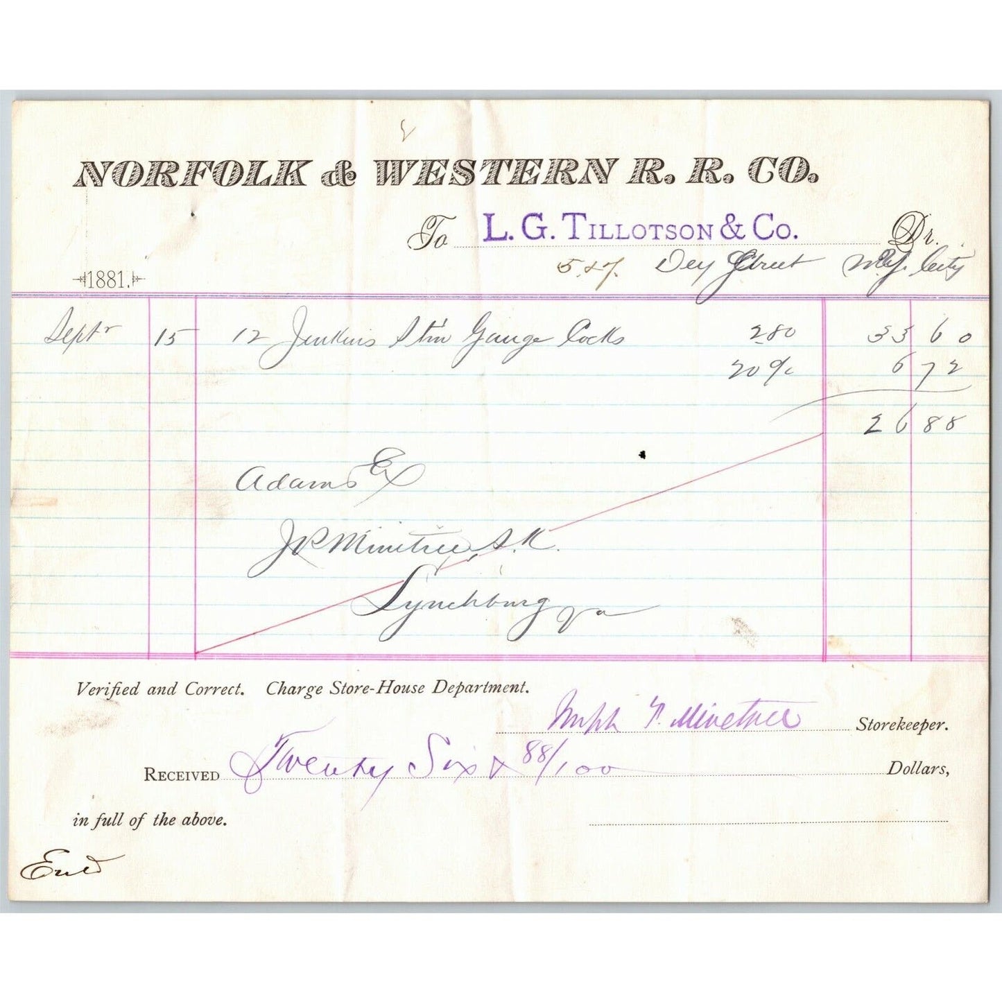 1881 Scarce Norfolk & Western R.R. L.G Tillotson & Co. Letterhead Billhead