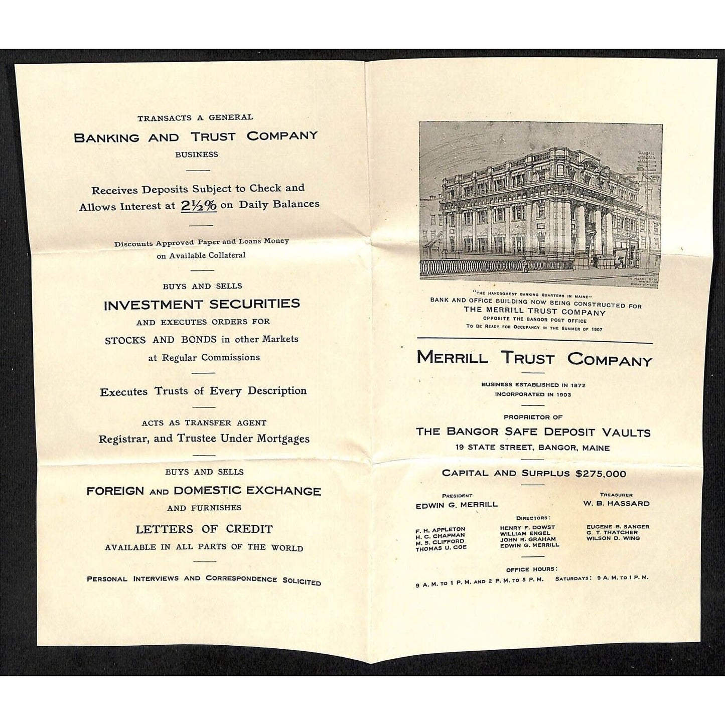 Newburgh ME Amos W. Knowlton* 1907 Merrill Trust Co. Deposit History / Statement