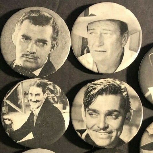 Group of 19 c1966-69 Sandy Val Graphics B&W 1920's-60's Movie Stars Pins Buttons