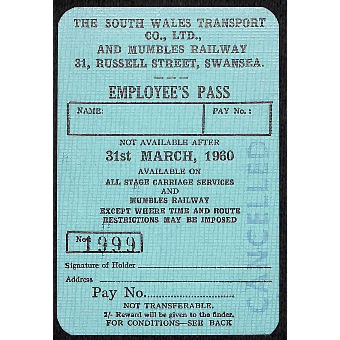 1960 South Wales Transport / Mumbles Railway Unused Employee's Pass VGC