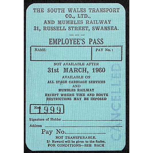 1960 South Wales Transport / Mumbles Railway Unused Employee's Pass VGC