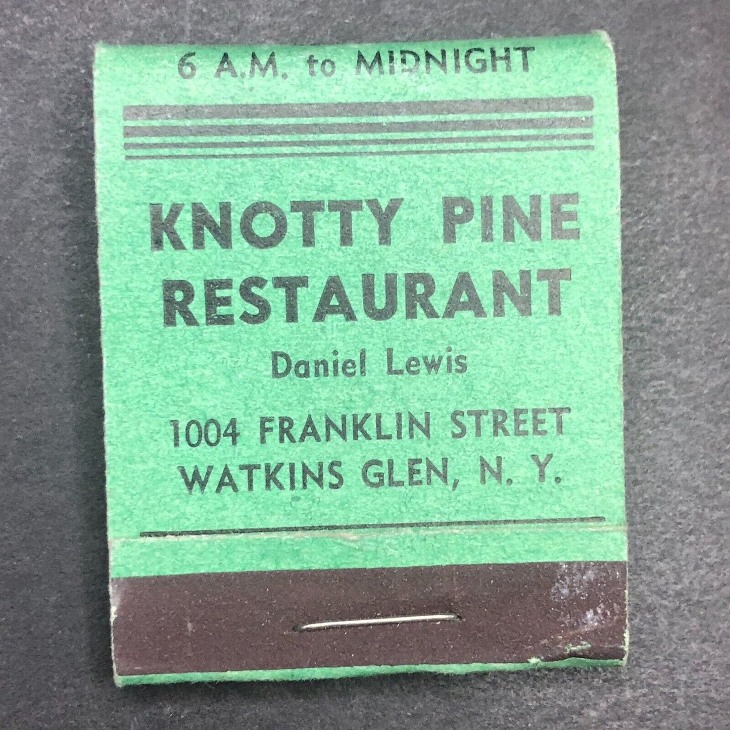 Knotty Pine Restaurant Daniel Lewis Watkins Glen Full Matchbook c1940's-50's