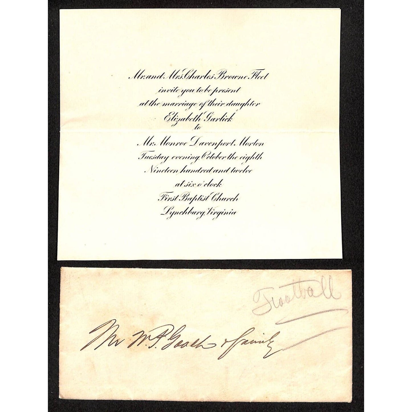 Lynchburg, VA 1912 Marriage Invite Elizabeth Garlick & Monroe Davenport Morton