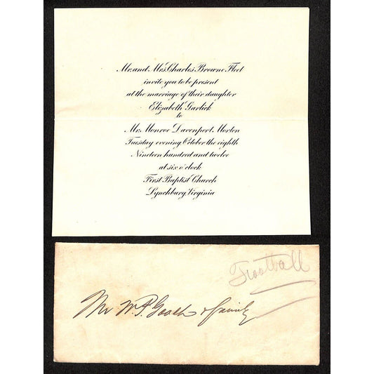 Lynchburg, VA 1912 Marriage Invite Elizabeth Garlick & Monroe Davenport Morton