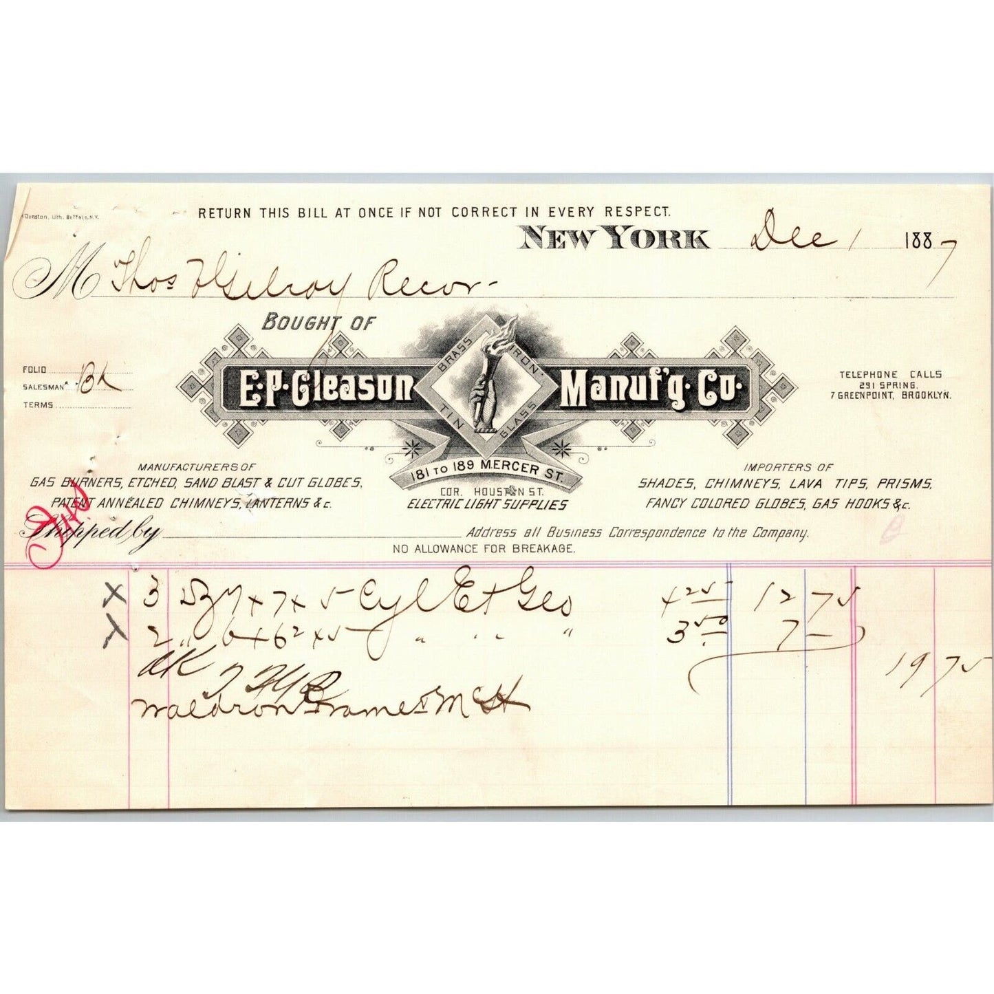 Dec 1 1887 "E. P. Gleason" Cut Glass Globes Billhead Letterhead Mercer St NYC