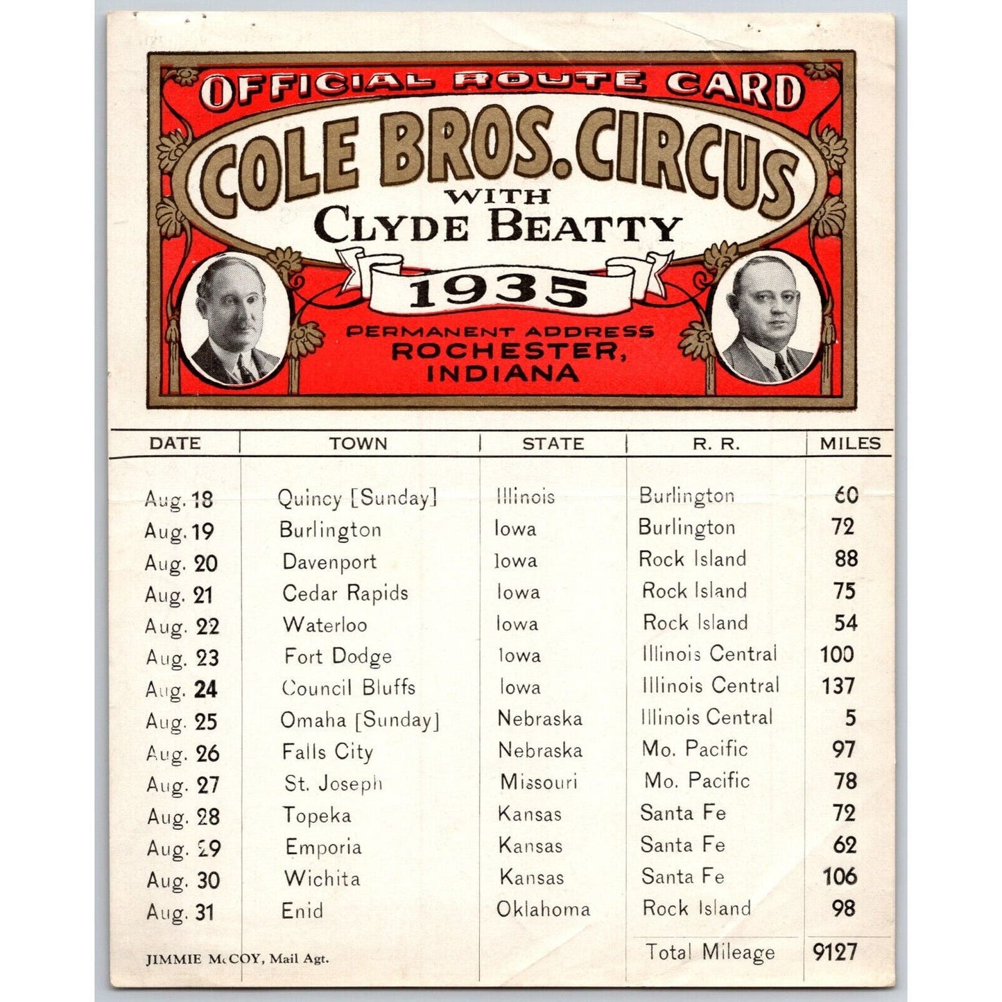 1935 Cole Bros with Clyde Beatty Circus Route Card IL IA NE MO KS OK