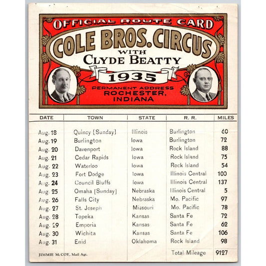 1935 Cole Bros with Clyde Beatty Circus Route Card IL IA NE MO KS OK