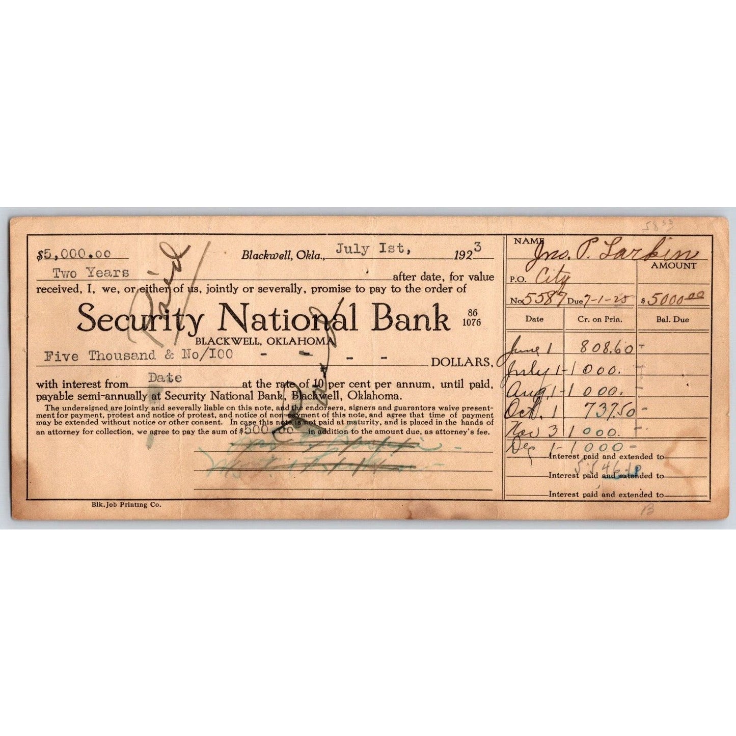 Blackwell, OK 1923 $5,000 10% 2 Yr. Promissory Note (J.P. Larkin Hotel?) Scarce