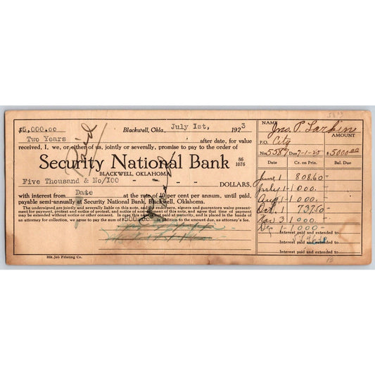 Blackwell, OK 1923 $5,000 10% 2 Yr. Promissory Note (J.P. Larkin Hotel?) Scarce
