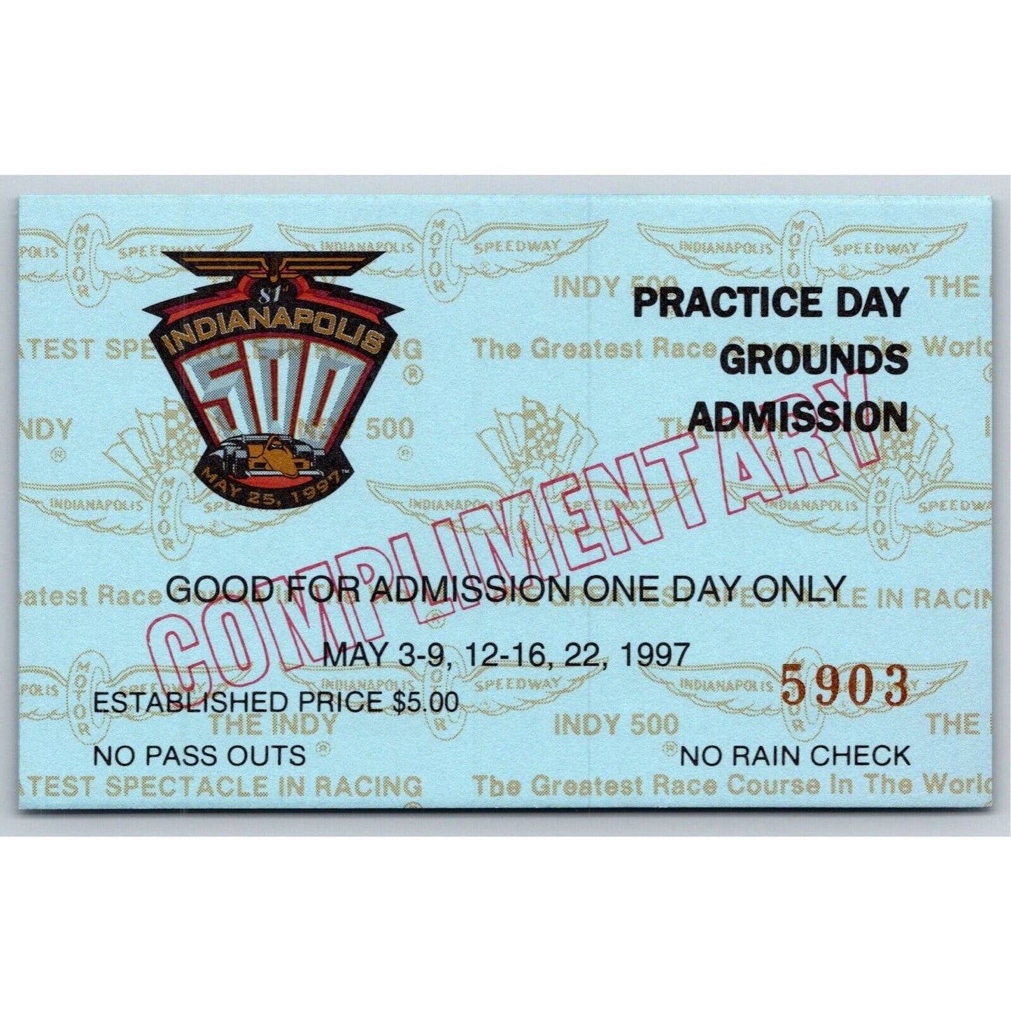 1997 Indy 500 Practice Day Grounds Admission Comp Ticket Pass Card IMS #5903 VGC