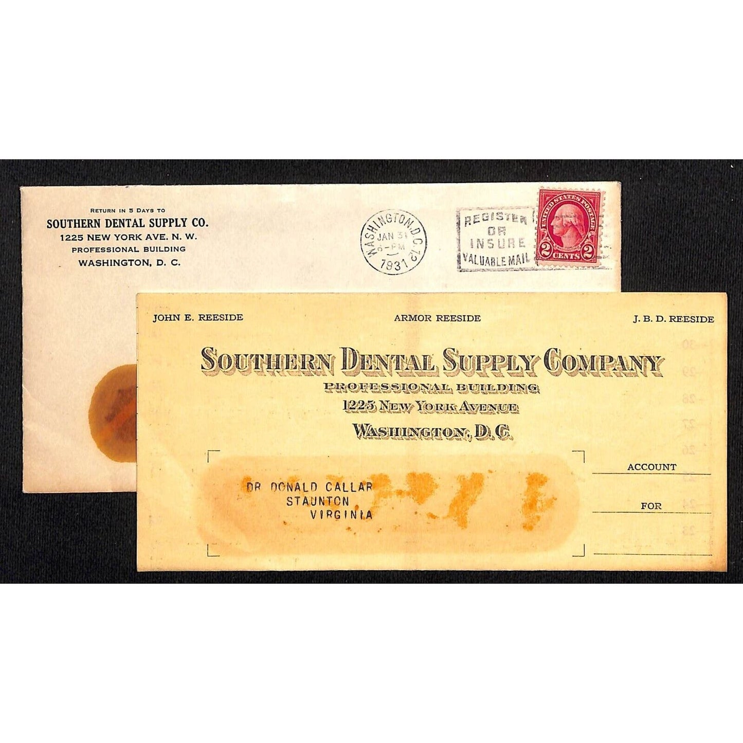 Washington, DC Southern Dental Supply 1931 Billhead & Cover / Envelope