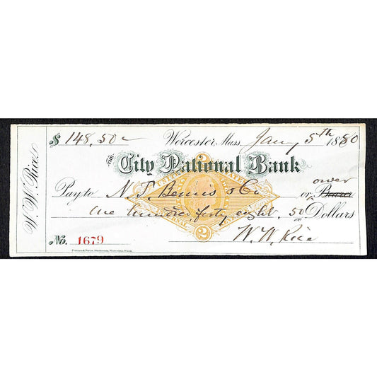 Worcester City National Bank W.W. Rice $148 Bank Check 1880 RN-G Mass. Scarce