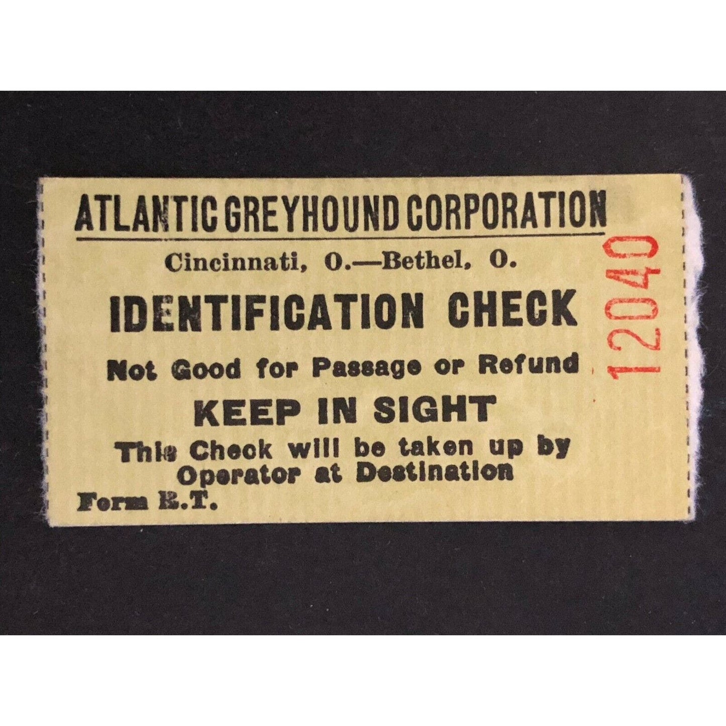 Atlantic Greyhound Bus Lines I.D. Check / Ticket "Cincinnati" 12040 1946