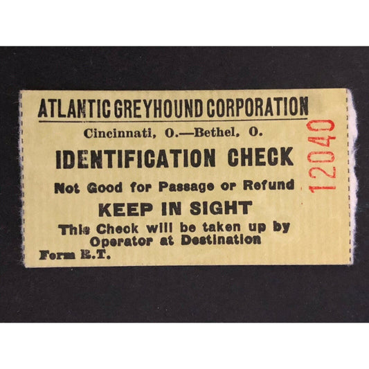 Atlantic Greyhound Bus Lines I.D. Check / Ticket "Cincinnati" 12040 1946