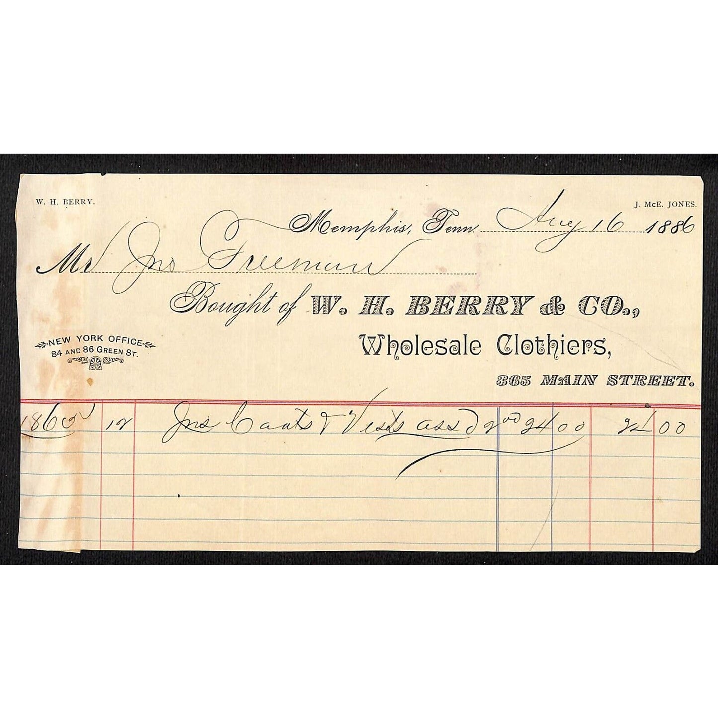 Memphis, TN W.H. Berry & Co. Wholesale Clothiers 1886 Billhead Scarce