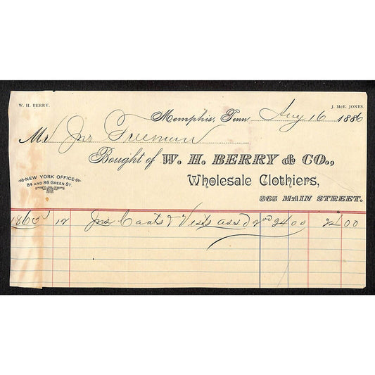 Memphis, TN W.H. Berry & Co. Wholesale Clothiers 1886 Billhead Scarce