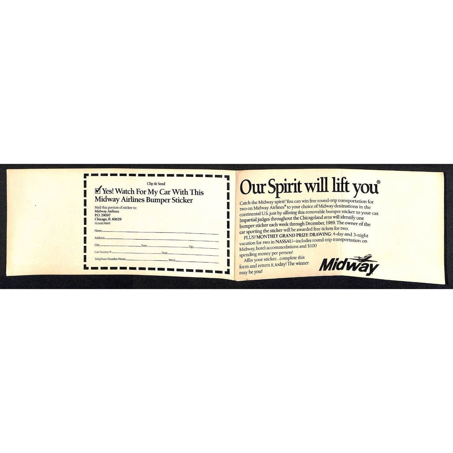 1989 Midway Airlines "Our Spirit Will Lift You" Ticket Promotion Bumper Sticker