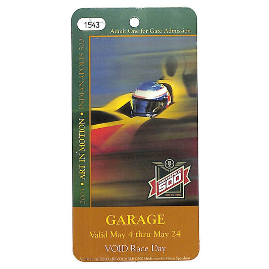 2003 Indy 500 Garage Pass / Gate Admission - Hard Plastic - Indianapolis VGC