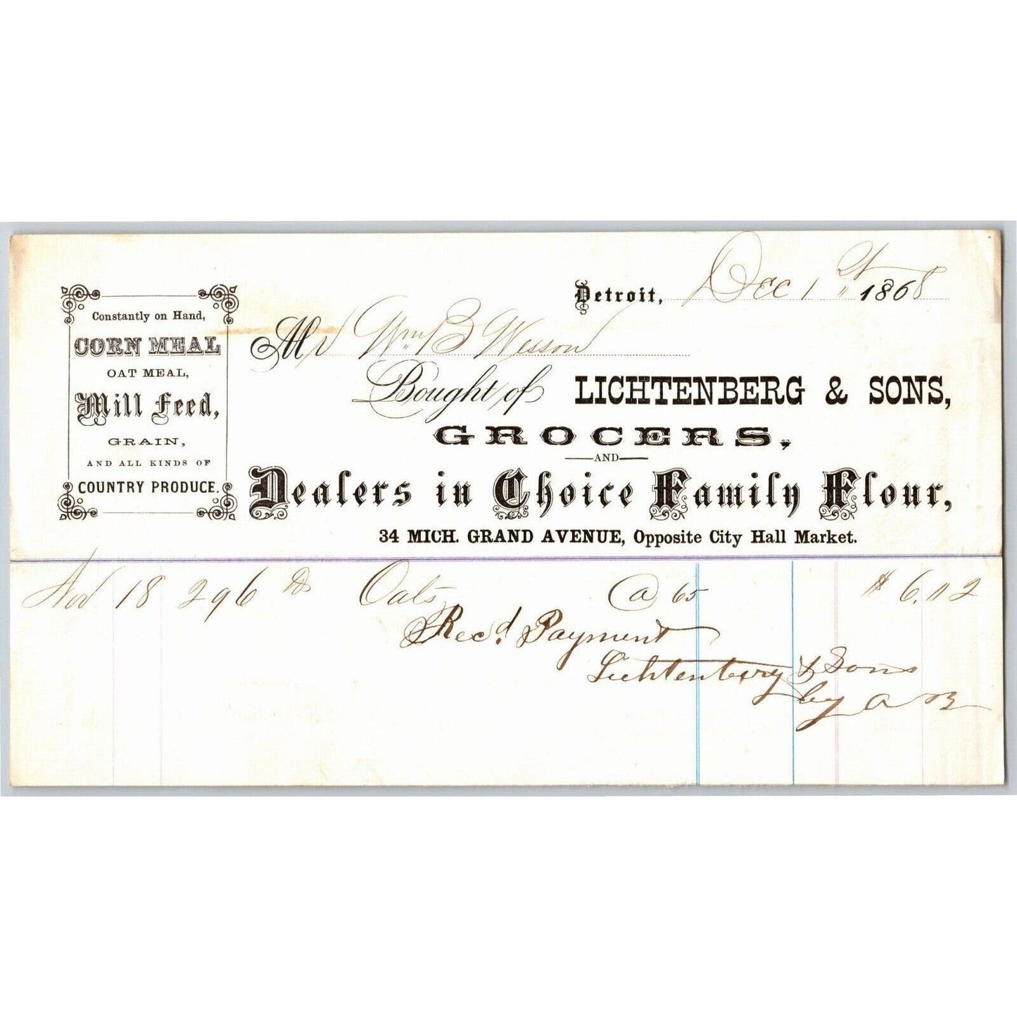 Detroit Letterhead Lichtenberg & Sons Grocers Corn Meal Mill Feed Flour 1868