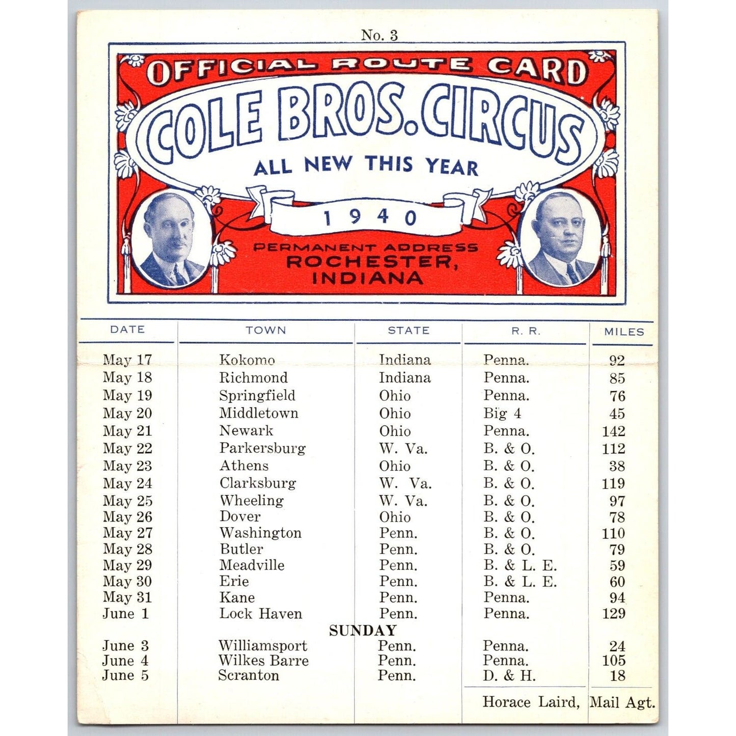 1940 Cole Bros Circus Route Card PA NJ WV IN OH