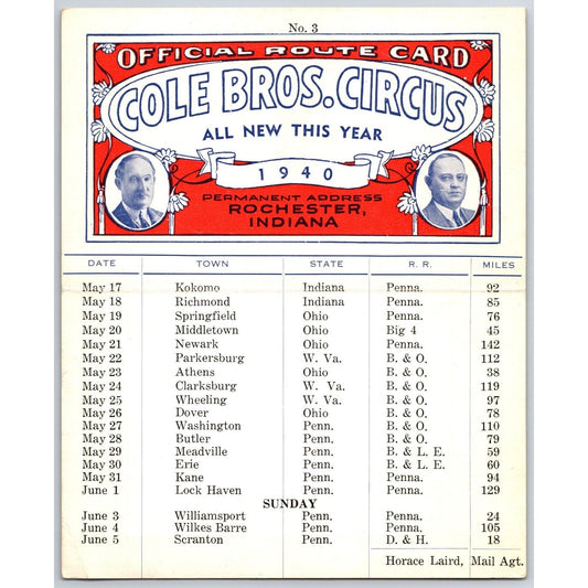 1940 Cole Bros Circus Route Card PA NJ WV IN OH