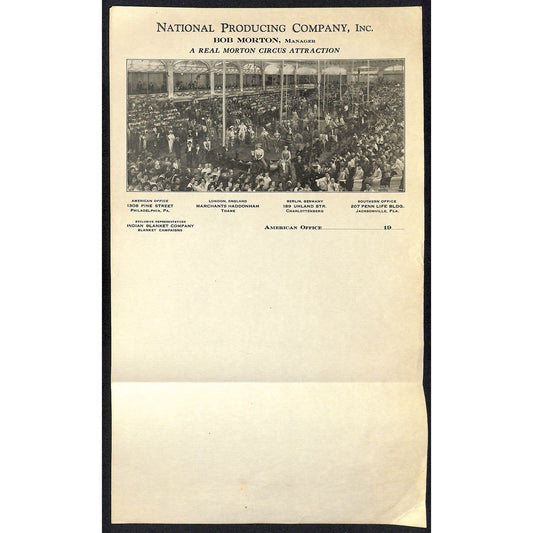 National Producing / Morton Circus Letterhead c1930 w/ Large Group Photo Scarce