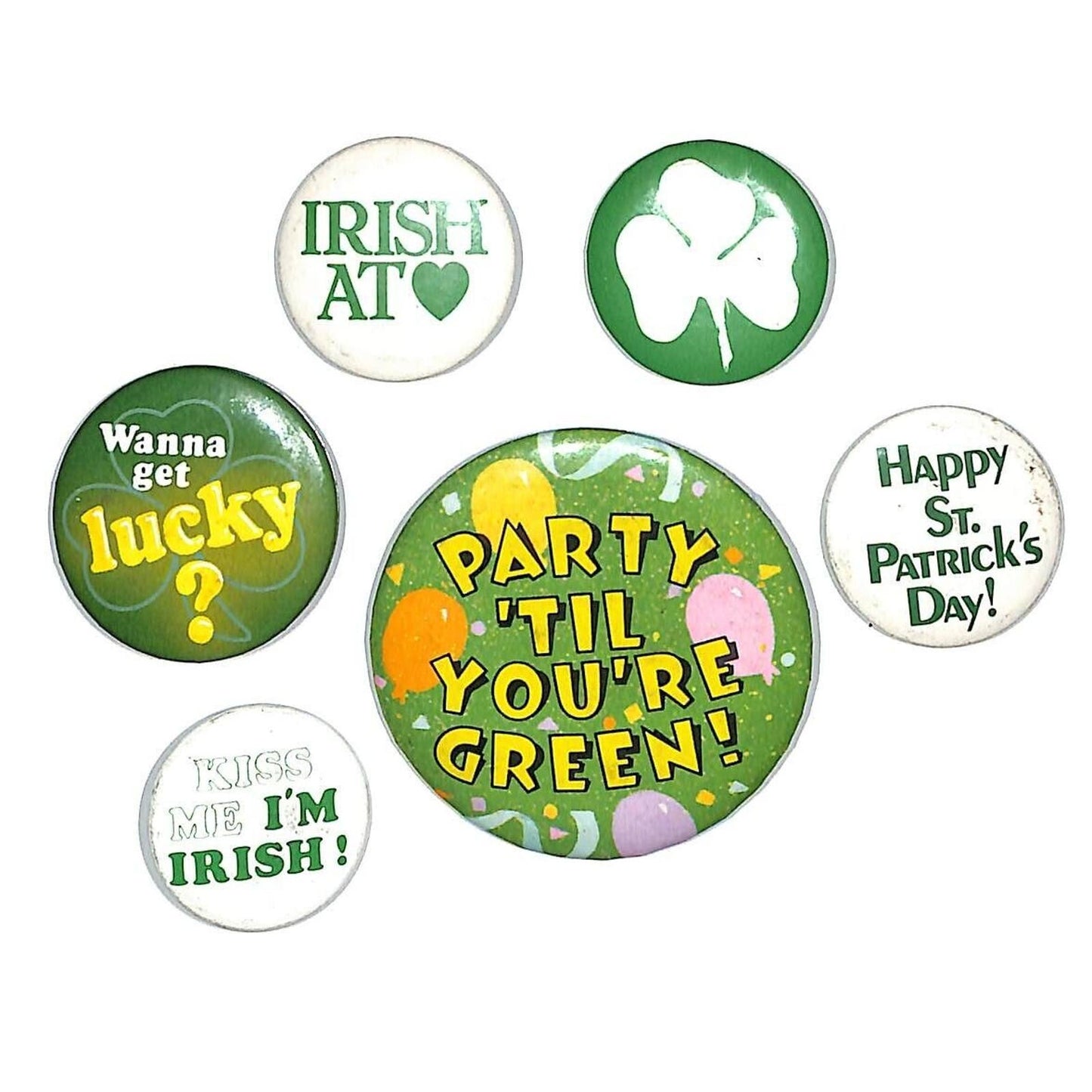 Group of 6 Vintage 1980's St Patrick's Irish Related Pinback Buttons 1" - 2 1/4"