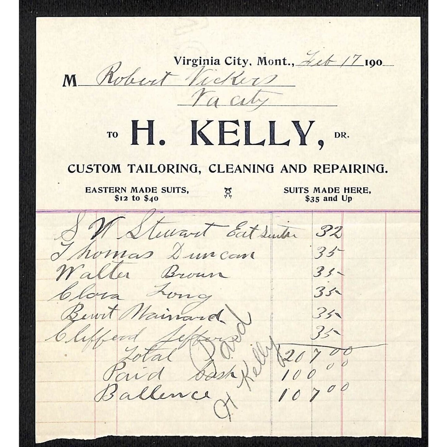 Virginia City MT H. Kelly Tailor "Eastern Made Suits, $12 to $40 c1905 Billhead