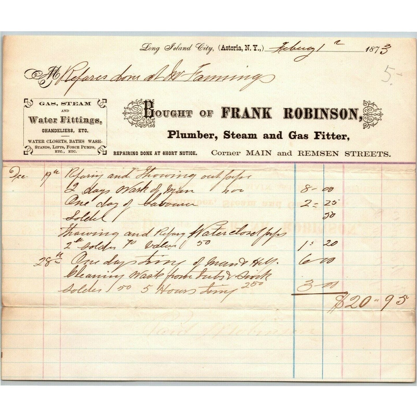 Astoria LIC NY Letterhead Billhead 1873 Frank Robinson Plumber Steam Gas Fitter