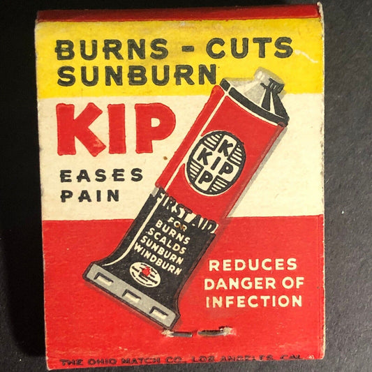 Kip Eases Sunburn Burns Cuts Pain Matchbook c1940's-50's Full 20-Strike Scarce