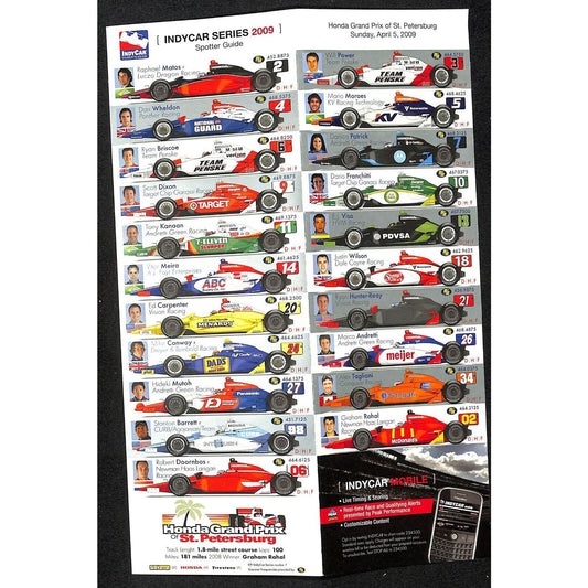 2009 Indy Car Izod Firestone Honda GP St Pete Car Spotter Guide Flags Card