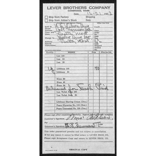 Lever Brothers Cambridge Butte Montana 1933 Billhead Letterhead Wilson Drug